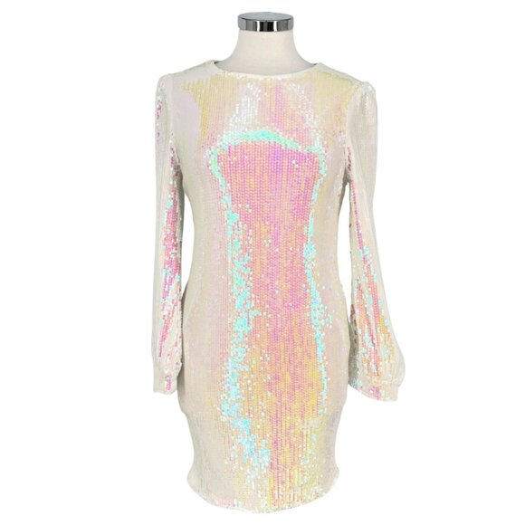 Allegra K Iridescent Sequin Long Sleeve Mini Dress White Size Medium NWT - Picture 1 of 15